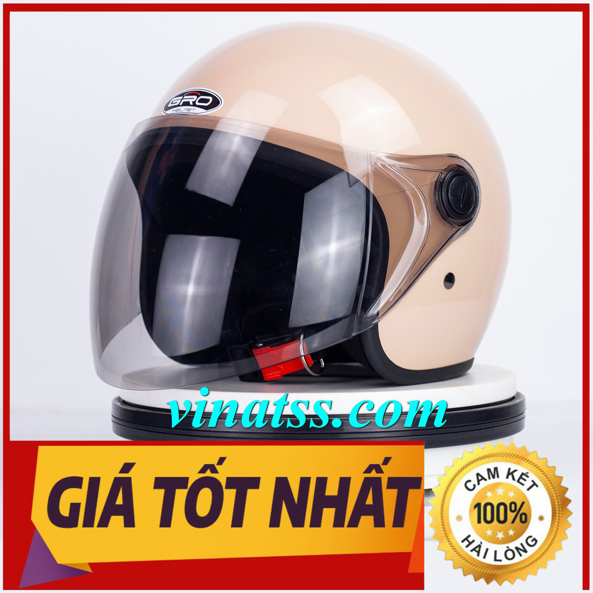 [vinatss.com] Mũ Bảo Hiểm Gro 3/4 Đầu Chính Hãng, Kính full - Màu Kem Sữa