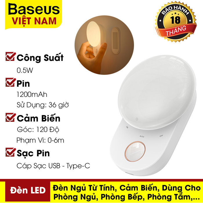 [BẢO HÀNH 18 THÁNG] Đèn ngủ từ tính Baseus, đèn LED cảm ứng, cảm biến có thể tháo rời dùng cho phòng ngủ, phòng bếp, tủ quần áo,...