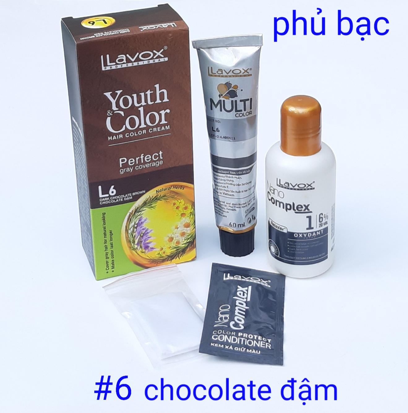 Nhuộm lavox nhuộm phủ bạc 100% nâu chocolate đậm tặng kèm oxy trợ nhuộm phủ bạc lavox cao cấp 100% 60x2