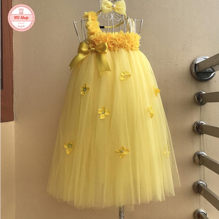 Đầm tutu vàng hoa dải nơ tú cầu cho bé yêu dự tiệc