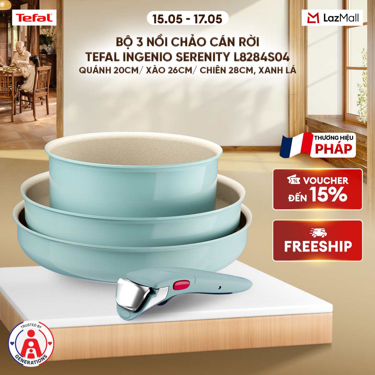 Bộ 3 nồi chảo cán rời Tefal Ingenio Serenity L8284S04, quánh 20cm/ xào 26cm/ chiên 28cm, xanh mint pastel (xanh lá nhạt)
