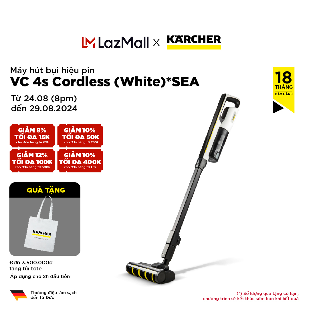 Máy hút bụi cầm tay Karcher VC 4s, Máy hút bụi dùng pin 18V Lithium-ion có 3 mức độ điều chỉnh, hoạt động tối đa 60p, độ ồn thấp - Karcher Việt Nam