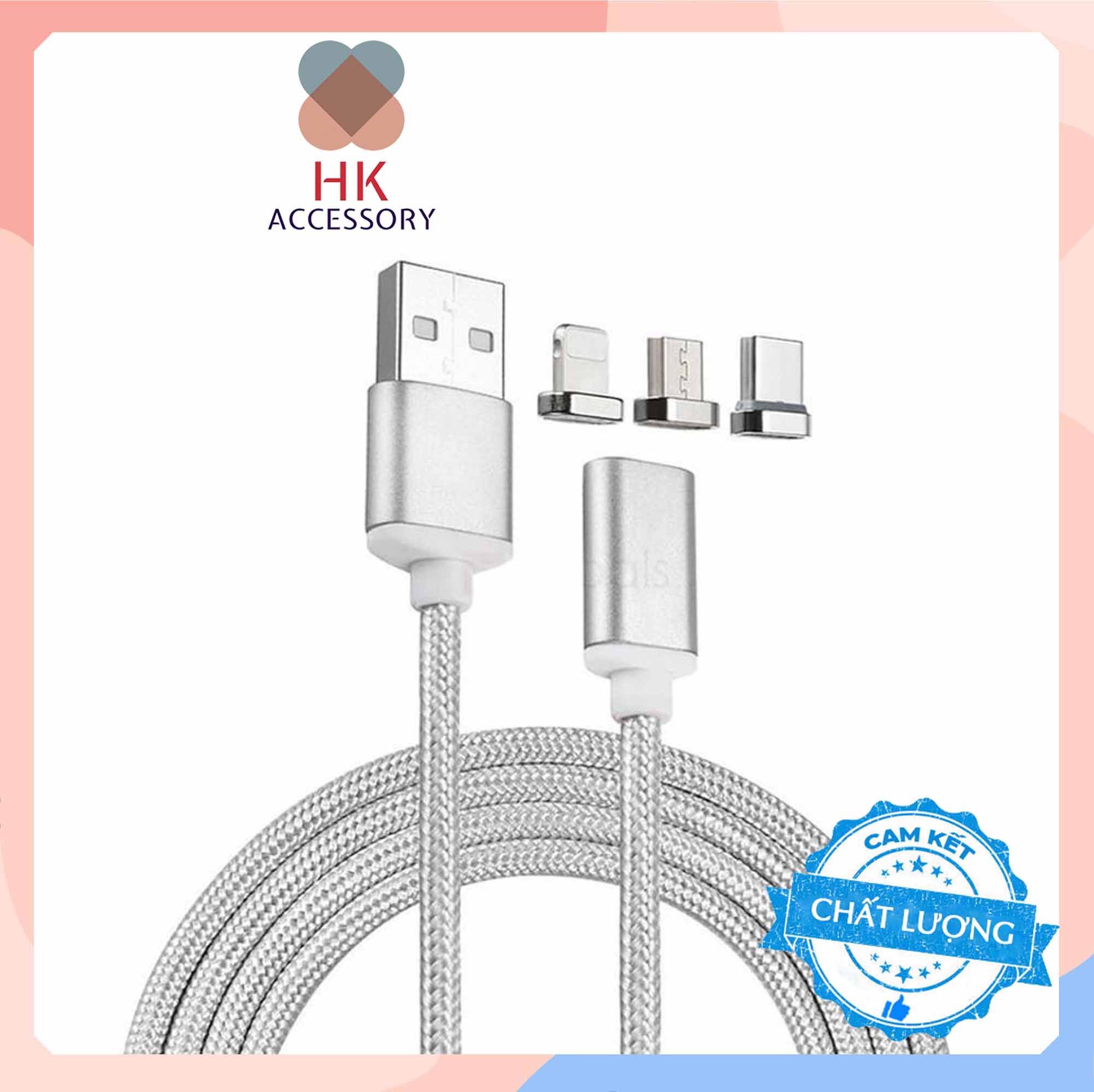 Cáp sạc Nam châm 3 Đầu Lightning + Micro USB + Type C Dùng cho tất cả các loại Smartphone