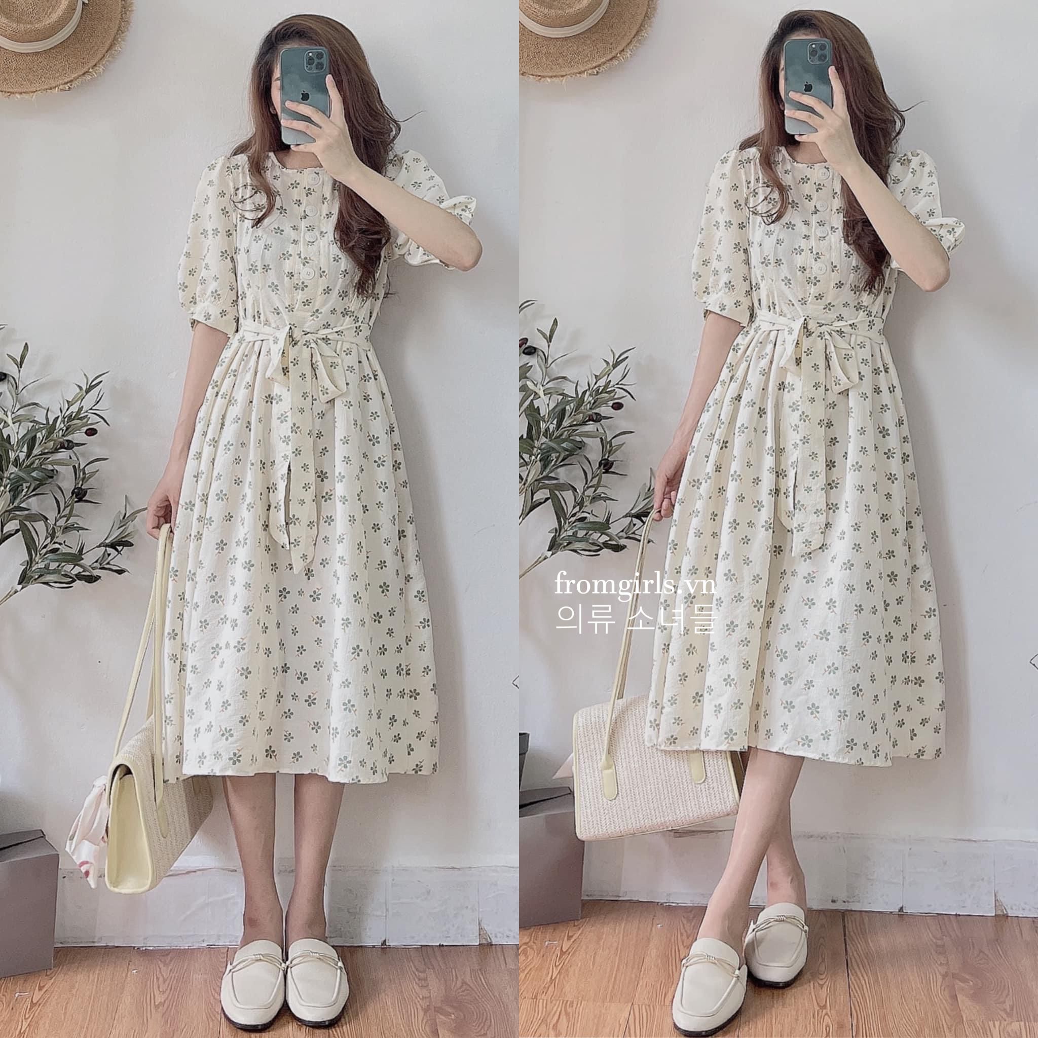 Váy hoa nhí vintage tay phồng, đầm hoa nhí dài có dây buộc eo - V55