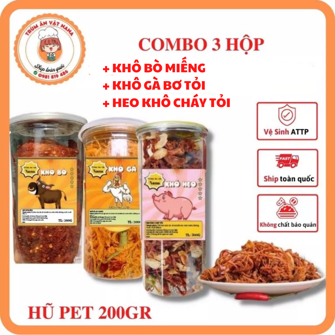 Combo 3 hộp khô gà bơ tỏi- khô bò miếng - khô heo cháy tỏi hũ pet 200gr, siêu ngon - đậm vị, trùm ăn vặt nana