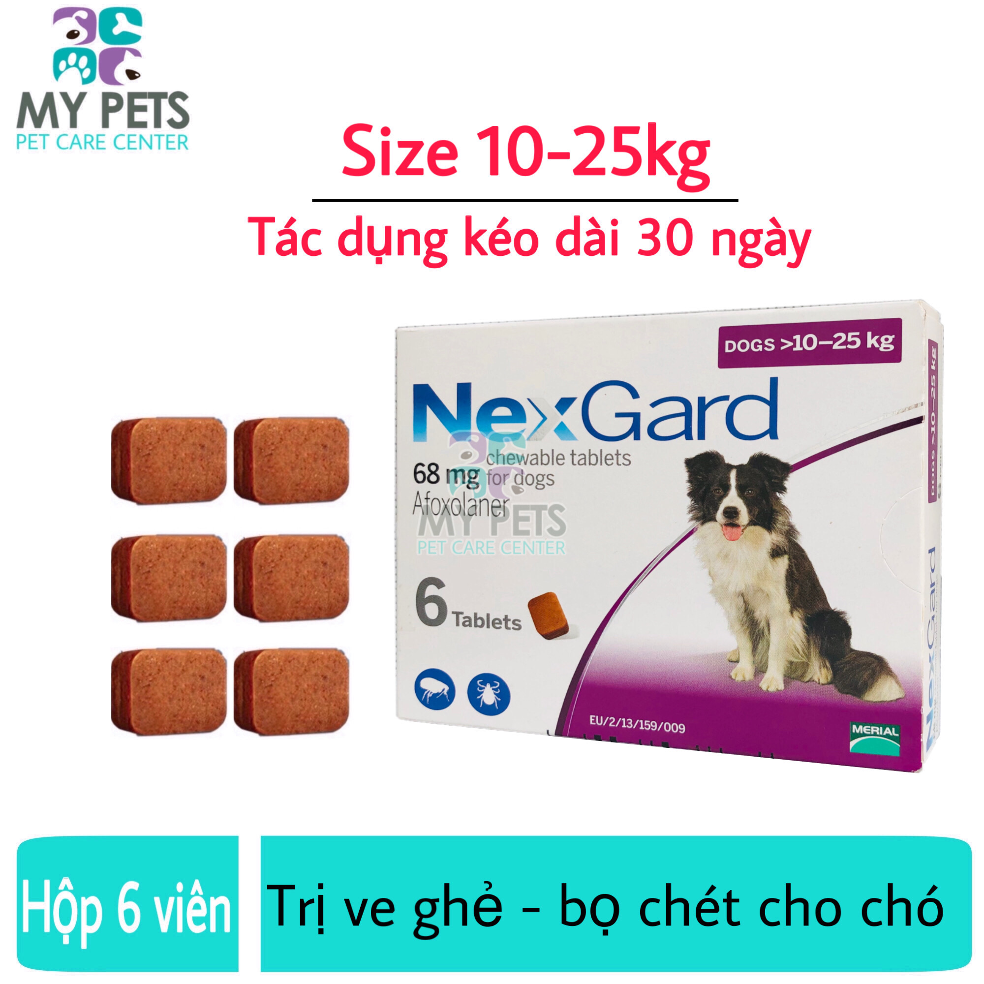 NEXGARD viên nhai ve ghẻ bọ chét cho chó - 1 hộp 6 viên (Size 10-25kg. full box)