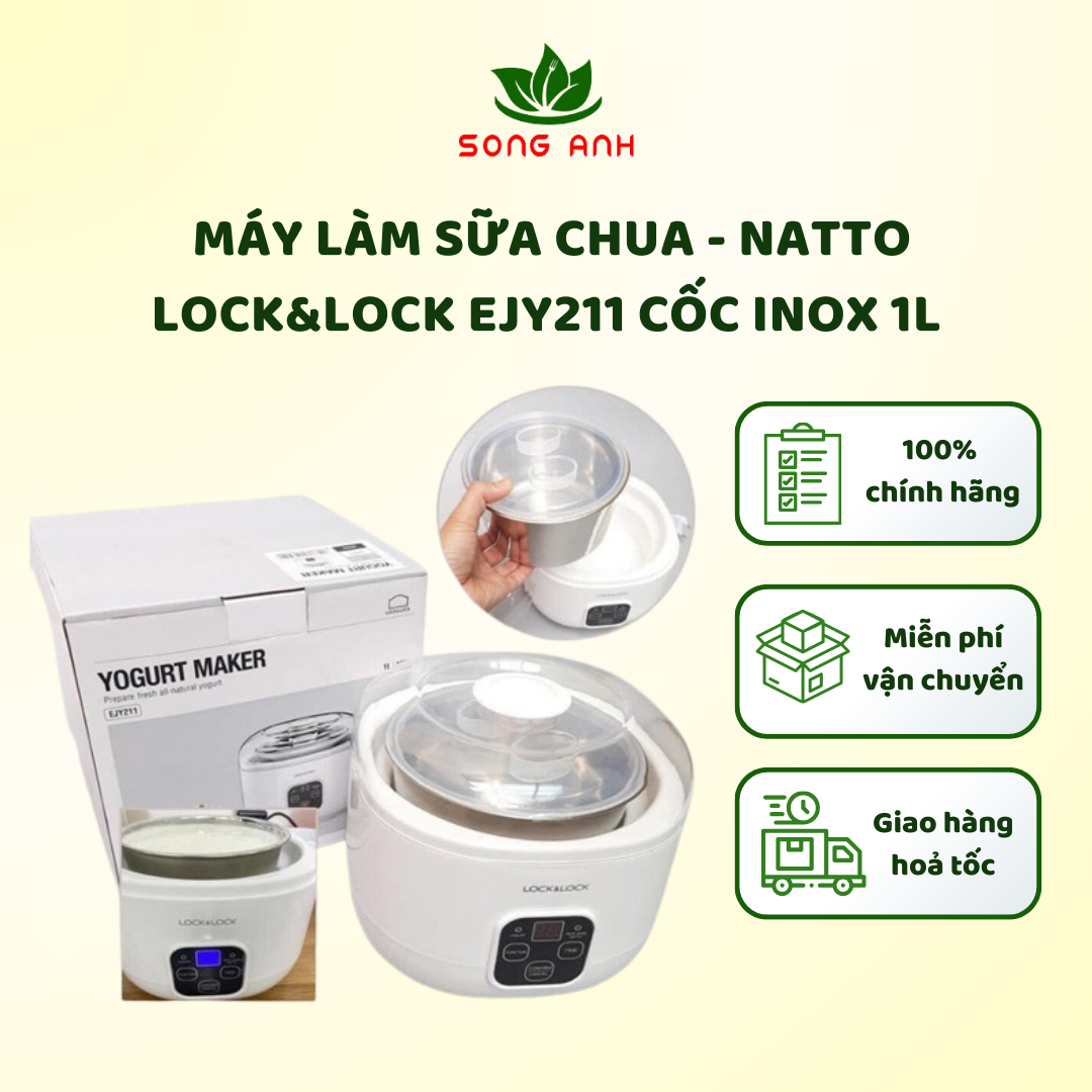 Máy làm sữa chua Lock&Lock EJY211 - làm cả natto- cốc bằng thép không gỉ dung tích 1L... bảo hành chính hãng
