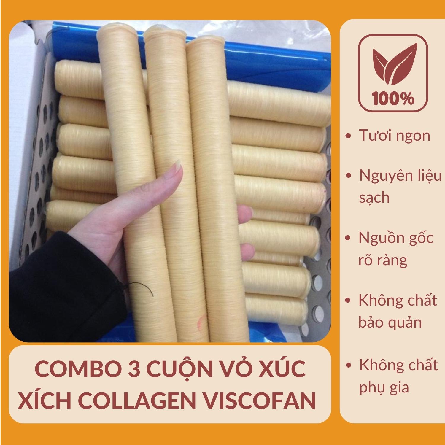 Combo 3 cuộn vỏ làm xúc xích, lạp sườn bằng collagen viscofan size 24. Đảm bảo hàng chuẩn, nhập khẩu nguyên thùng, thời hạn sử dụng 2 năm