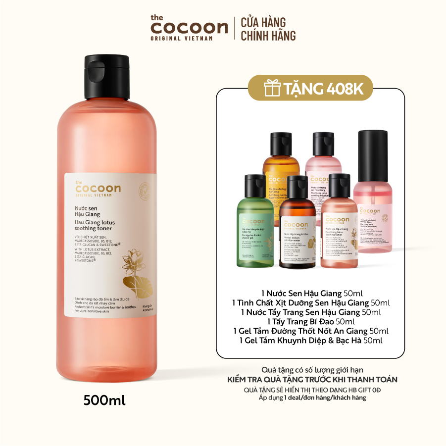[Super Bigsize] Nước sen Hậu Giang Cocoon (toner) phục hồi đa nhiệm cho da rất nhạy cảm 500ml