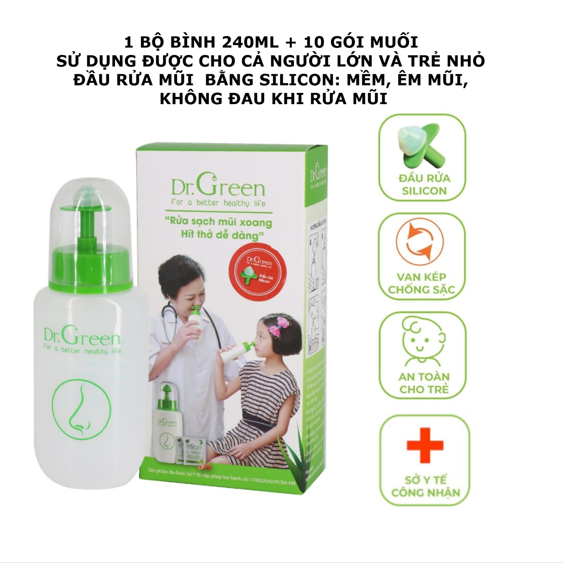 [Tặng quà] Bình rửa mũi Dr Green tặng kèm 10 gói muối nha đam