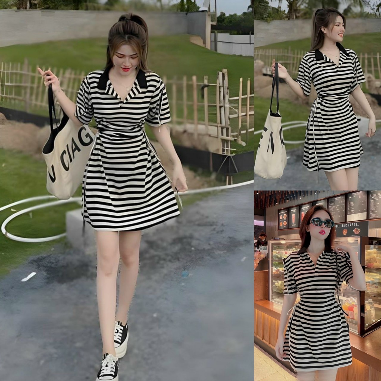 Váy đầm nữ kẻ sọc cổ sơ mi rút dây eo cực xinh