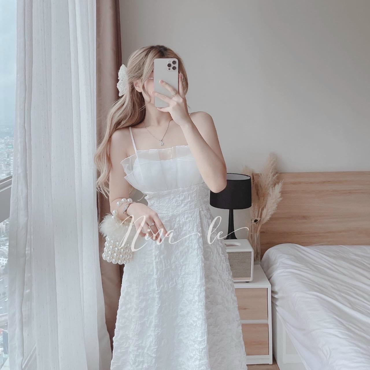 Đầm xốp 2 dây phối voan kiến