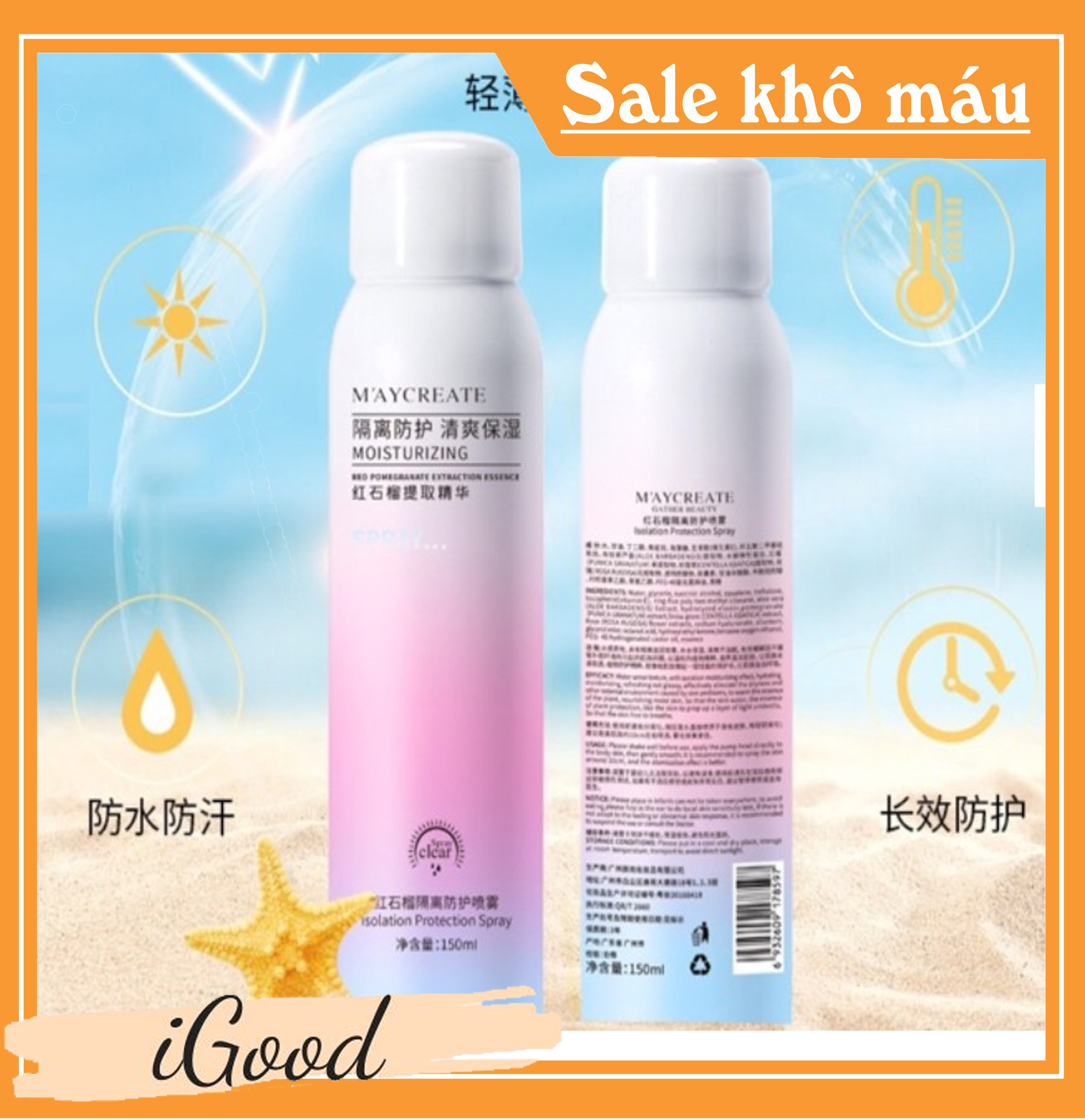 [HCM]COMBO 3 Chai Xịt chống nắng phun sương MAYCREATE MOISTURZING SPRAY (150ml) SPF 35 xịt chống nắng làm trắng da tức thì giữ được tone từ 8-12 tiếng