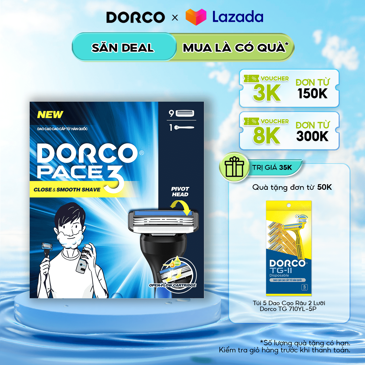 Bộ dao cạo râu 3 lưỡi dorco pace 3 gồm 1 cán 9 đầu cạo