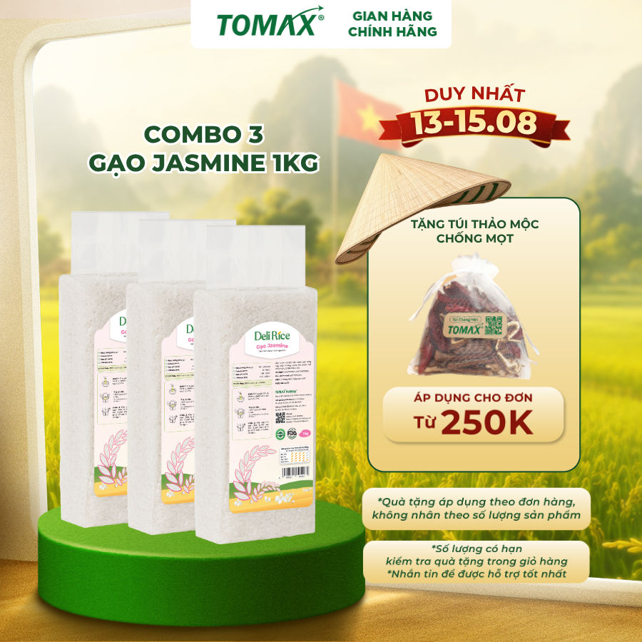 [ĐÃ VỀ HÀNG] Combo 3 túi Gạo Deli Rice Jasmine thơm dẻo mềm 1kg Tomax