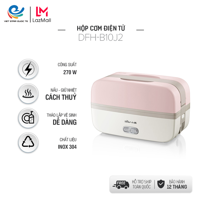 Hộp cơm điện tự nấu cầm tay mini đa năng Bear DFH-B10J2, giữ nhiệt, hâm nóng, tự nấu