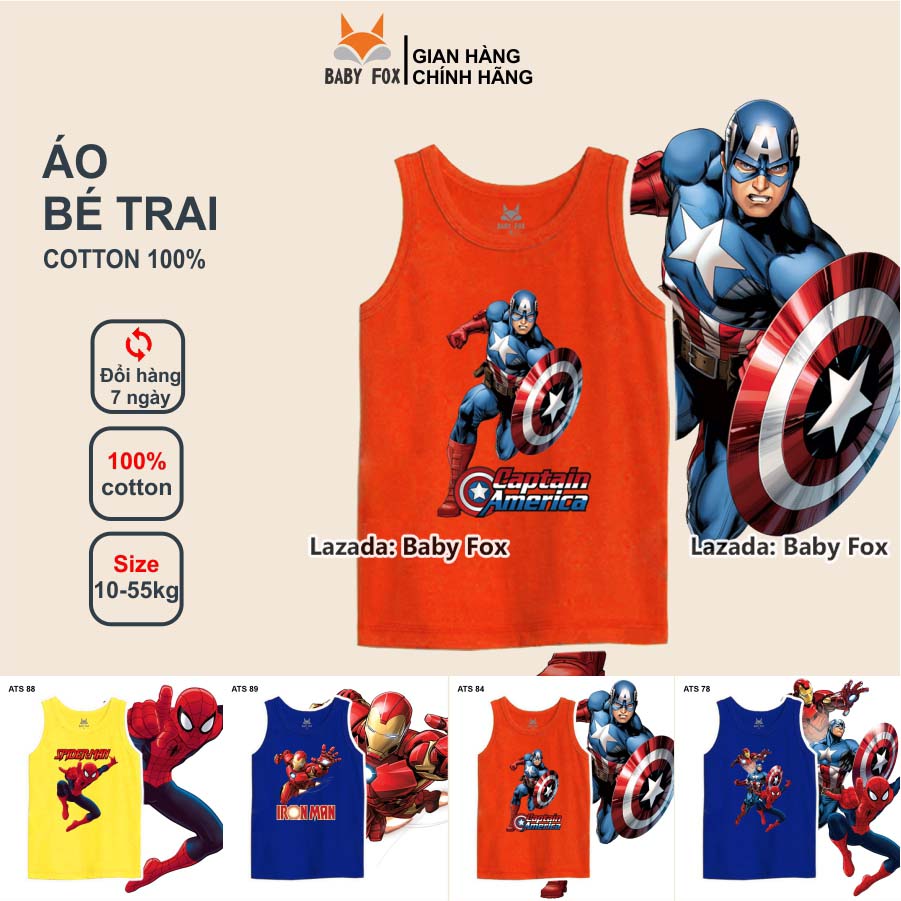 Áo thun bé trai sát nách 100% cotton cao cấp, baby fox, hình người nhện, người sắt i