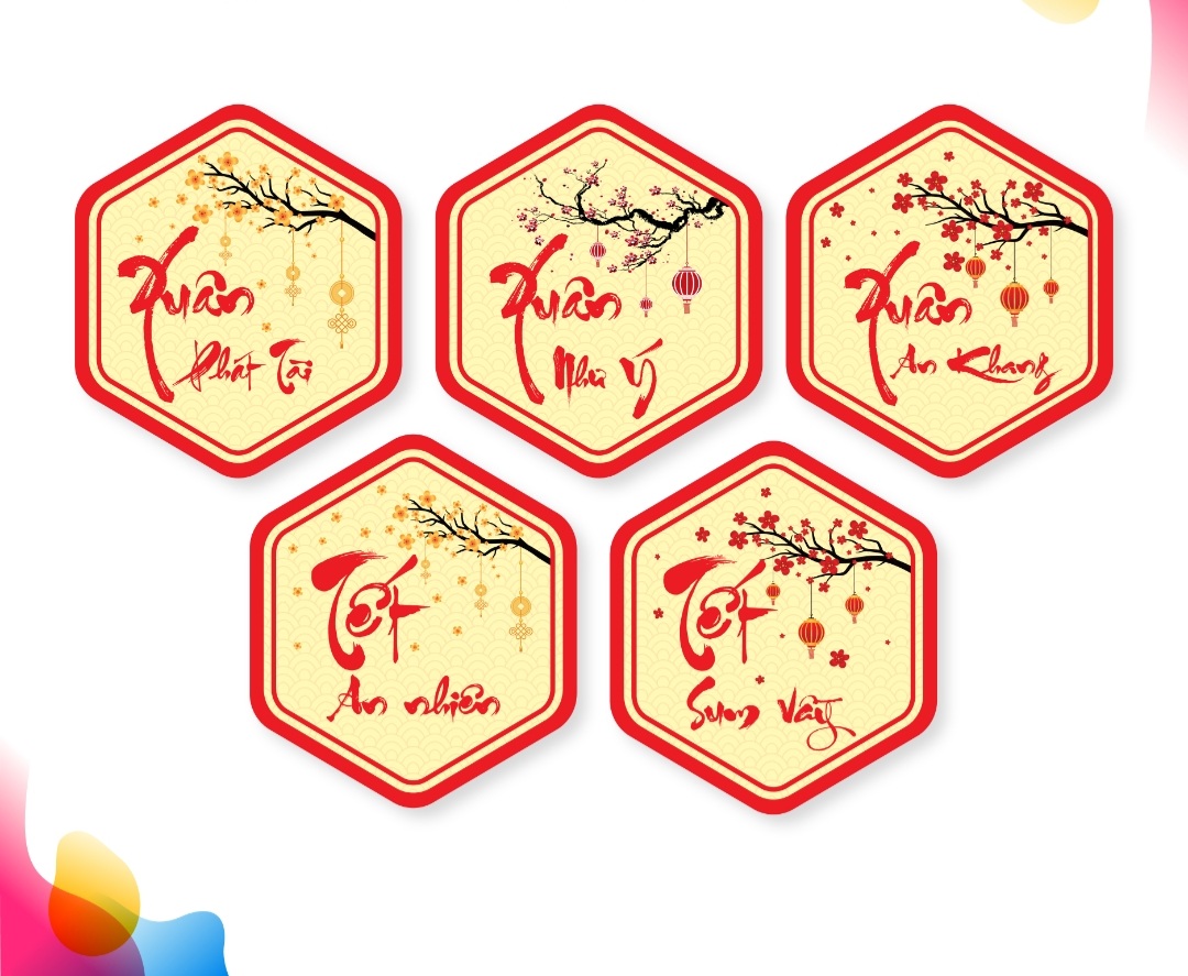 SET 50 TEM DÁN HỘP/TÚI QUÀ TẾT HÌNH LỤC GIÁC NHỎ  (5cm) 5 mẫu