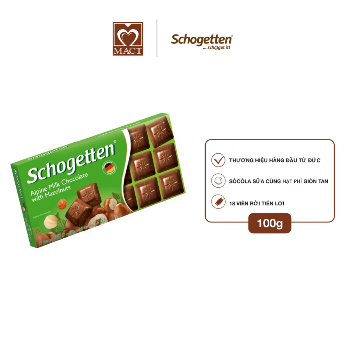 Sôcôla SCHOGETTEN - Vị Hạt phỉ Alpine Milk Chocolate with Hazelnuts - thanh 100g gồm 18 viên rời