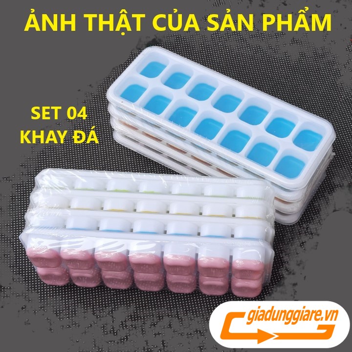 COMBO 04 Khay đá silicon có nắp đậy không dính mùi thực phẩm, làm rau câu, làm kem, khay trữ đông ăn dặm