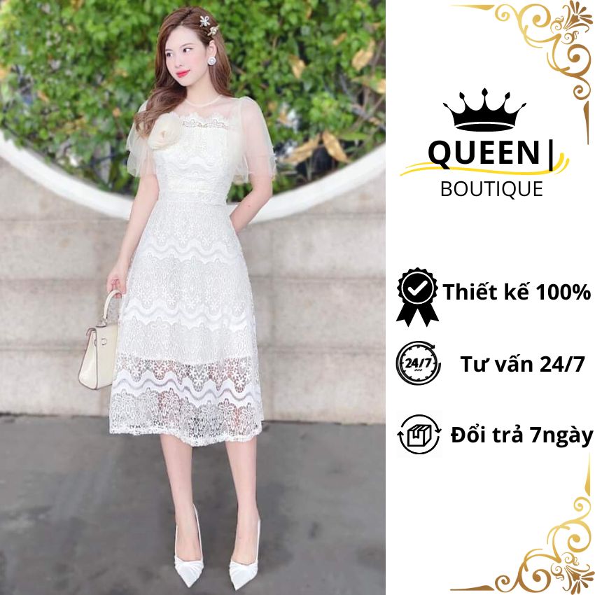 Đầm dự tiệc thiết kế tôn dáng ren hoa duyên dáng, Váy công sở tiểu thư dáng dài ôm eo sang trọng
