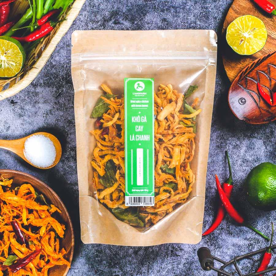 Khô gà cay lá chanh L'ANGFARM - Đặc sản Đà Lạt 125g/bịch,mẫu kraft 1 mặt trong