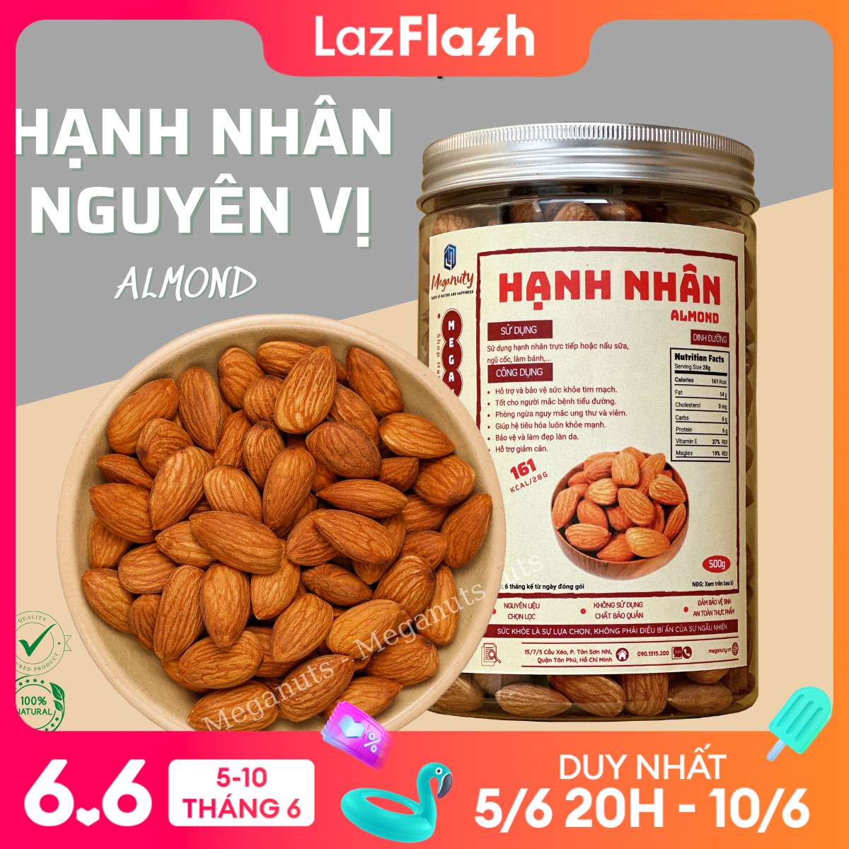 Hạt Hạnh Nhân Sấy Chín Nguyên Vị Meganuts 500Gr Thơm Ngon, Hỗ Trợ Giảm Cân, Ăn Kiêng Hàng Nhập Khẩu
