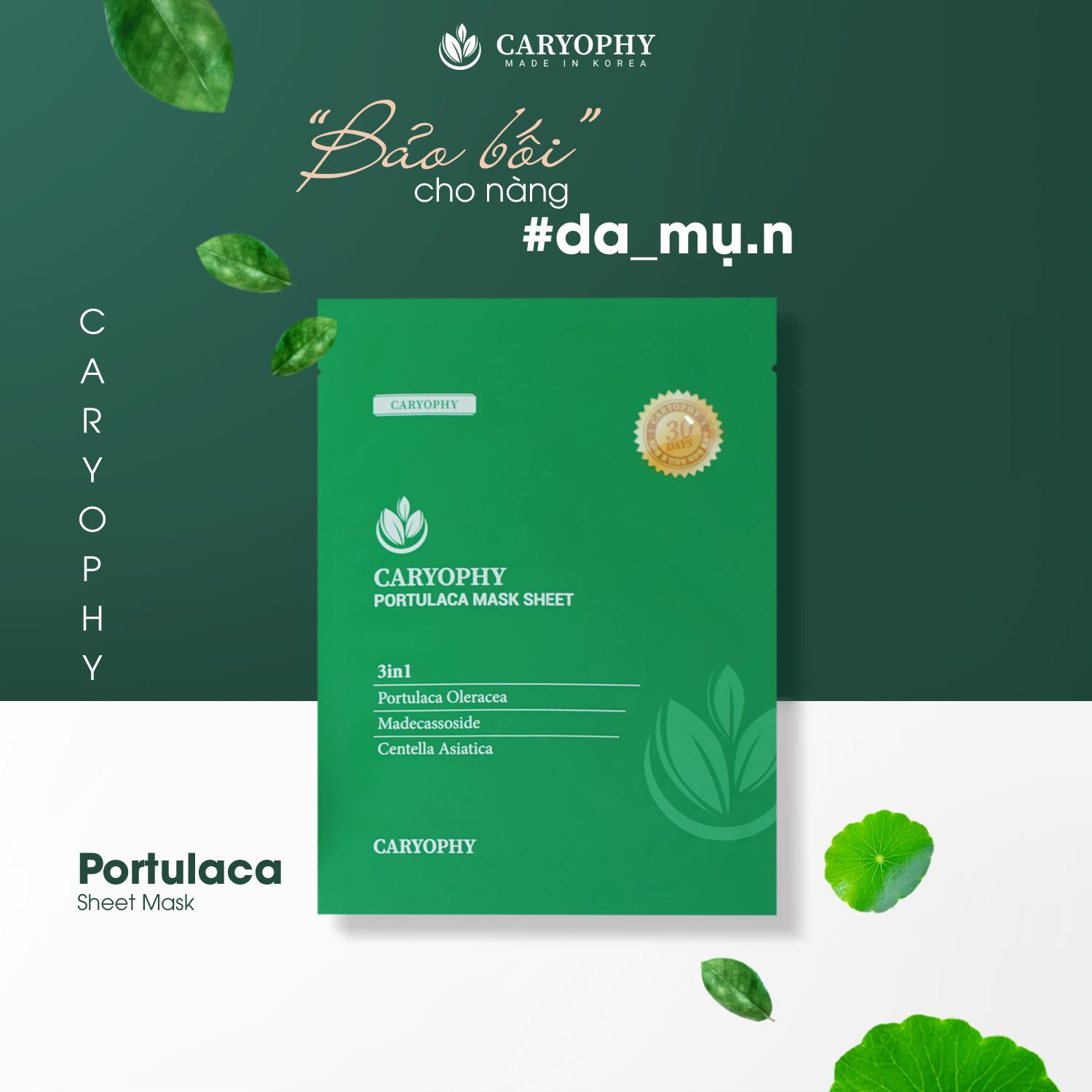 Mặt nạ tinh chất rau má và rau sam Caryophy Portulaca Mask Sheet cho da mụn, hồi phục tái tạo da