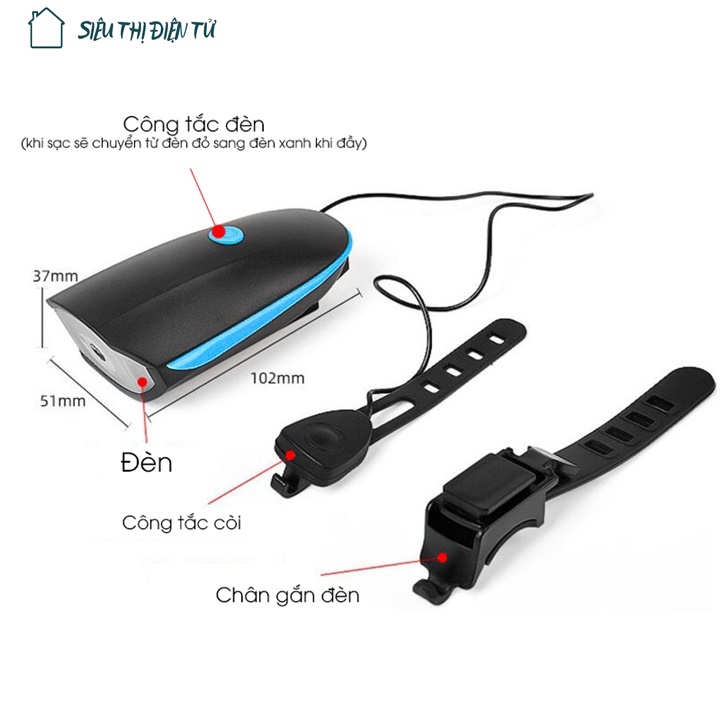 Sieuthidientu Bộ Đèn Led Chiếu Sáng Model 7588B Công Tắc Rời Gắn Tay Lái Xe Đạp 3 Chế Độ Sáng Có Còi Hú 140dB 5 Chế Độ Hú
