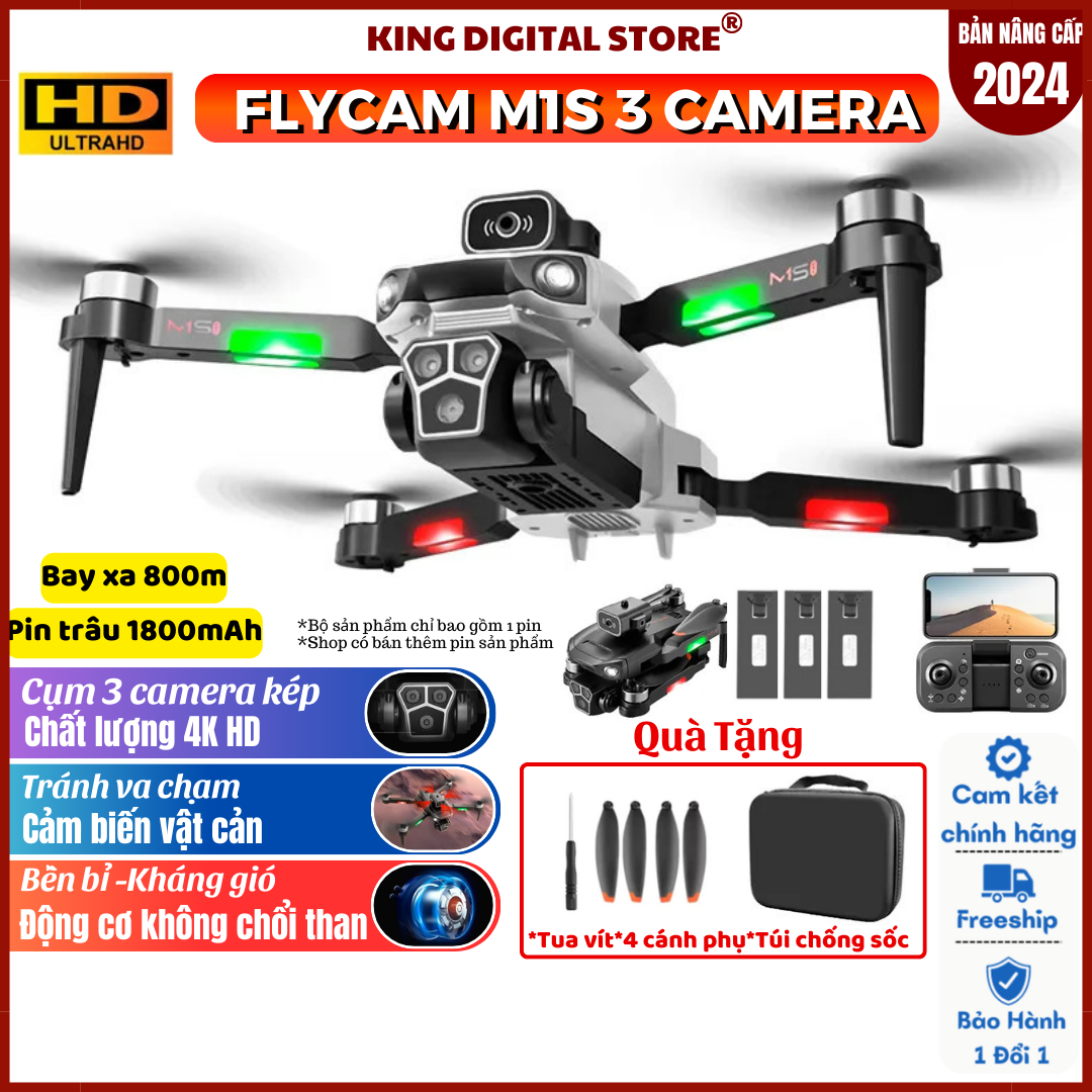 Flycam Mini M1S Động Cơ Không Chổi Than- Drone Camera 4K- Máy Bay 3 Camera Quay Phim Chụp Ảnh -Plycam Điều Khiển Từ Xa 4 Cánh Có Cảm Biến Va Chạm_CHÍNH HÃNG KINGDIGITAL