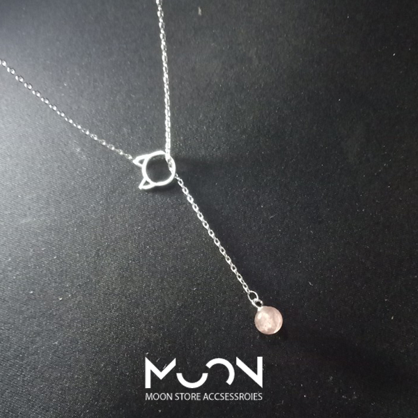 [HCM]Dây chuyền nữ mèo mix với đá thạch anh hồng dâu kiểu dáng dễ thương - moon store acc