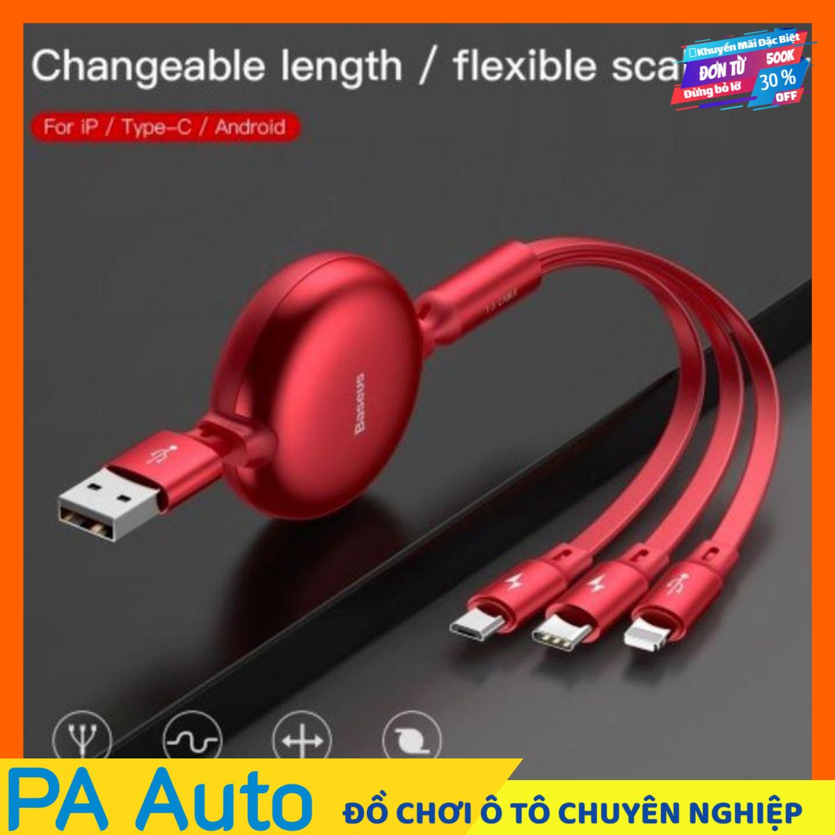 Cáp sạc đa năng điện thoại trên ô tô nhãn hiệu baseus 3 trong 1 camlt-zy09 dài 1,2m