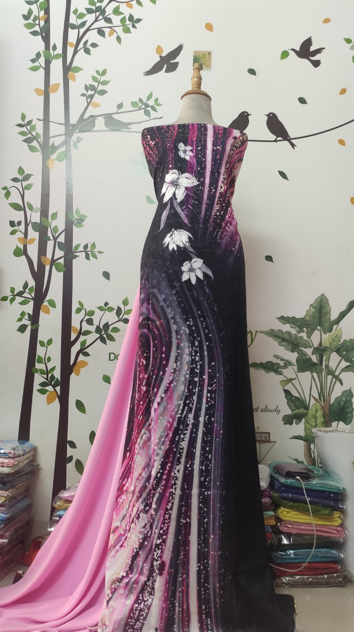 Vải áo dài cao cấp hoạ tiết những giọt sương đêm - lụa Hải đường