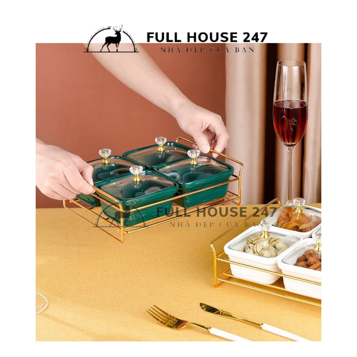 Hộp đựng mứt kẹo bằng gốm sứ phong cách hiện đại nắp thủy tinh sang trọng