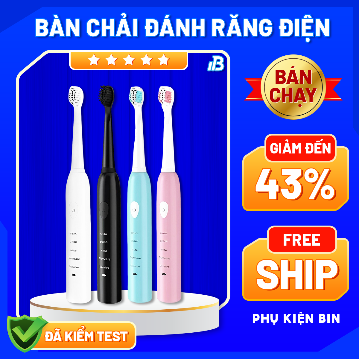 Bàn chải điện đánh răng 5 chế độ rung Tặng kèm 4 đầu bàn chải Bàn chải đánh răng điện Bàn chải đánh răng cao cấp