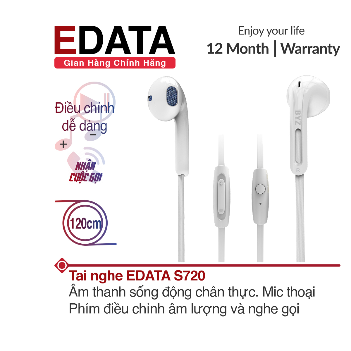 Tai nghe Edata S720 jack 3.5mm kèm mic thoại và phím điều chỉnh âm lượng dây dẹp chống rối dành cho iPhone iPad Samsung Huawei Xiaomi Oppo