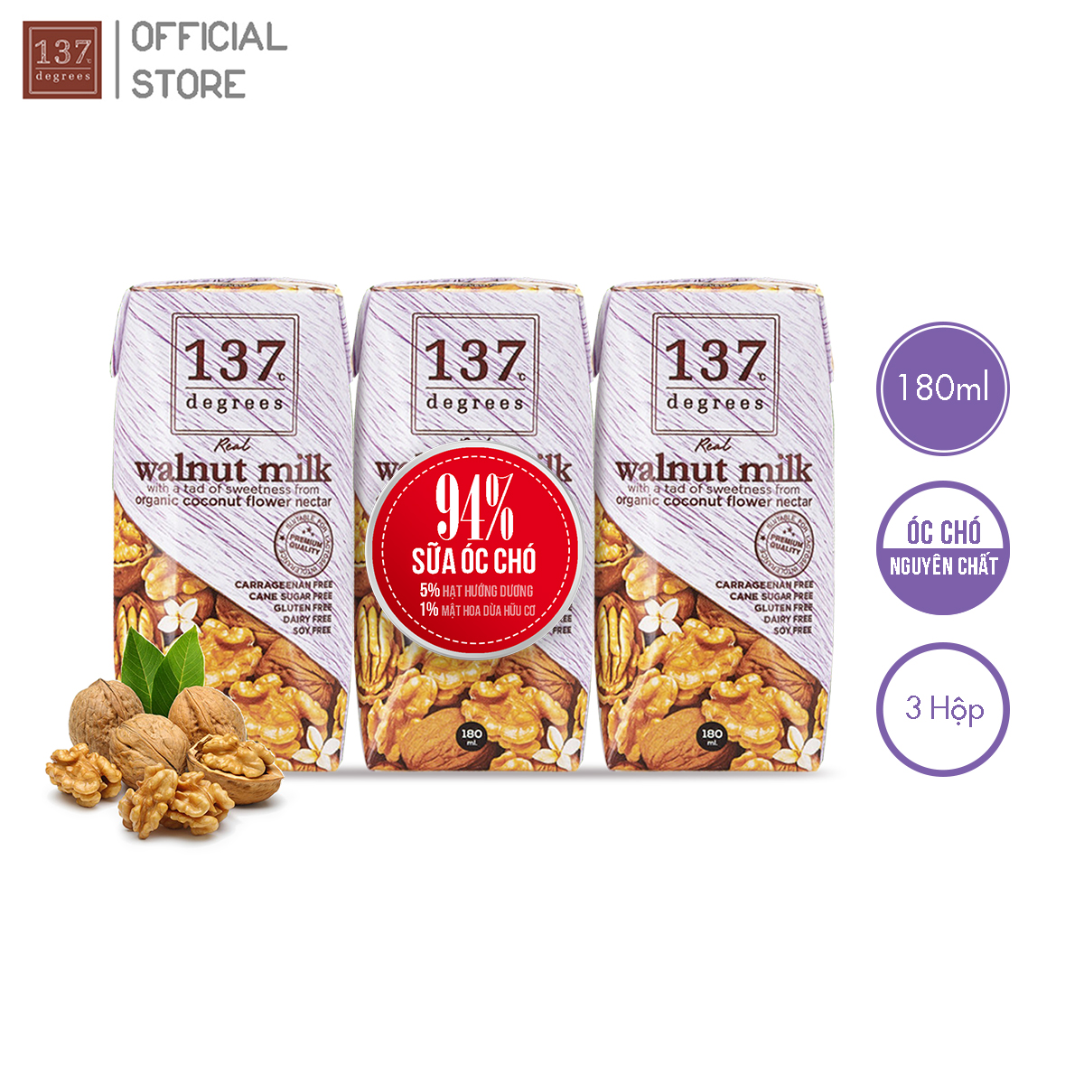 Sữa Hạt ÓC CHÓ Nguyên Chất 137 Degrees Thái Lan  - Lốc 3 hộp 180ml