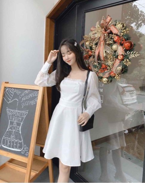 Đầm Trắng Xòe Tay Phồng Dễ Thương