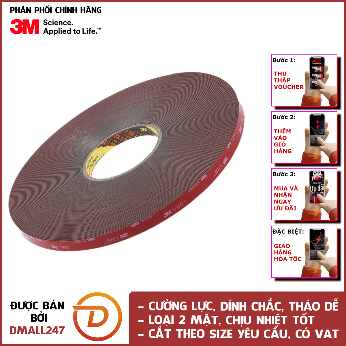 Băng keo 2 mặt cường lực siêu dính màu xám vhb dài 11m 3m gpl-110 - nhiều kích thước, cắt theo yêu cầu, có vat, dán gọn, bám chắc