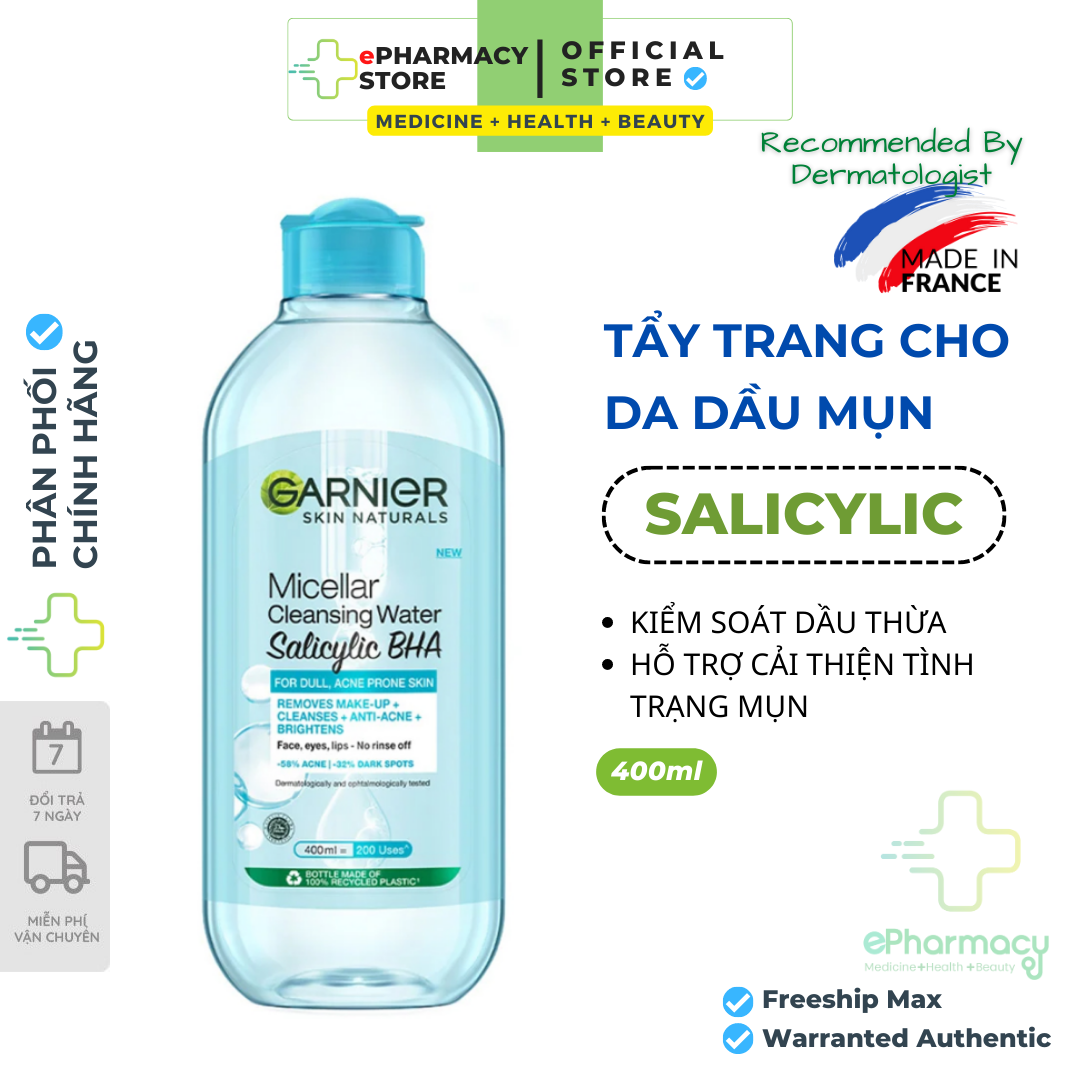 Nước Tẩy Trang Garnier Xanh Micellar Cleansing Water For Oily & Acne-Prone Skin cho da dầu mụn 400ml