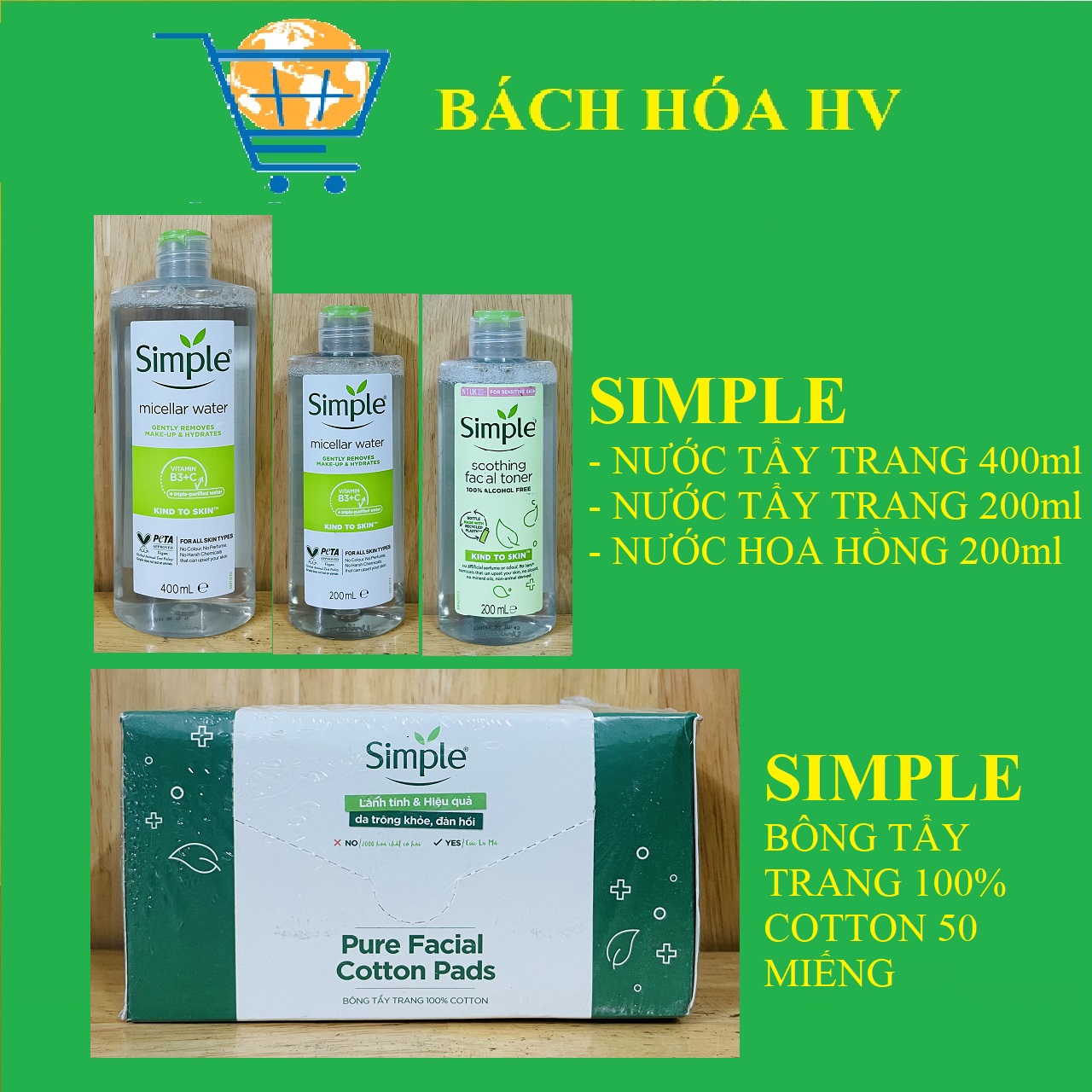 Simple nước tẩy trang, nước hoa hồng 200g - 400g, bông tảy trang 50m - bach hoa hv