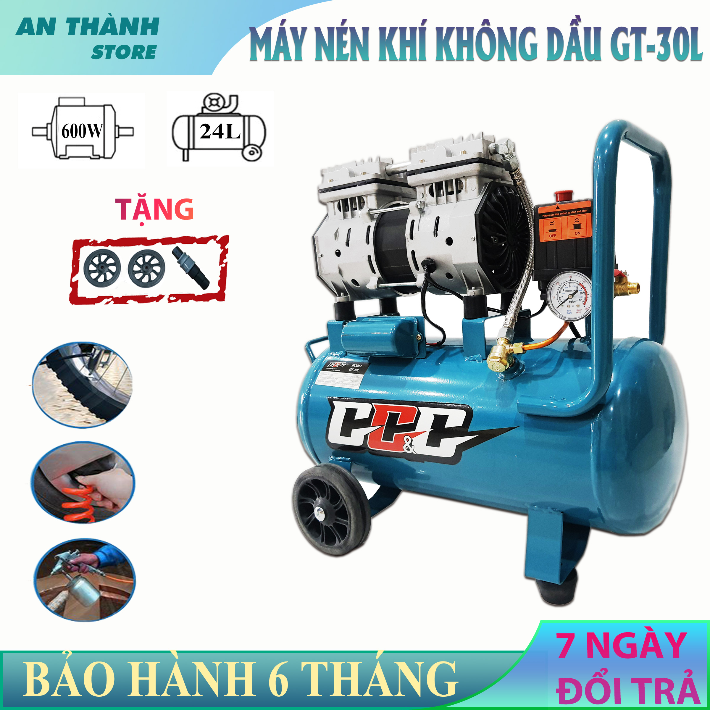 Máy nén khí không dầu GT30L bình 24 lít công suất 600w GT30L , Bình hơi khí nén tự động nạp khí không gây ồn, bắn đinh, phun sơn, bơm hơi