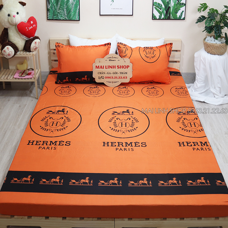 Bộ Ga Gối Cotton Poly H E R M E S Cam Nhiều Kích Thước M2/M6/M8/2M2