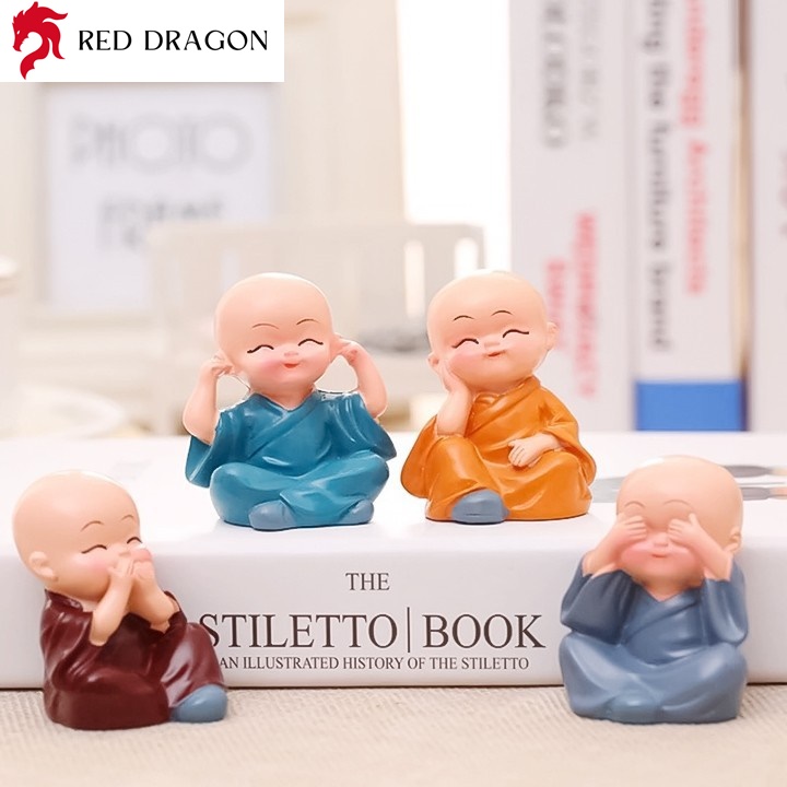 Reddragon bộ 4 tượng chú tiểu nhà sư tứ không không nghe không thấy không nói không làm điều xấu chất liệu thạch cao tráng bột đá