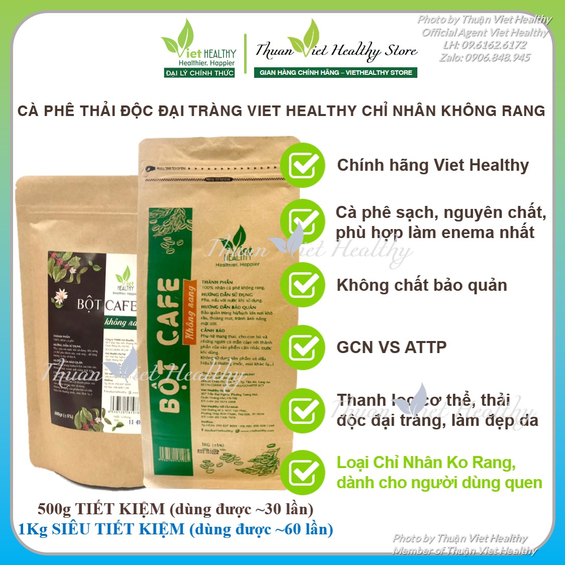 Bột cà phê viet healthy chỉ nhân không rang 1kg, cafe thải độc đại tràng viethealthy, enema coffee gerson detox viethealthy