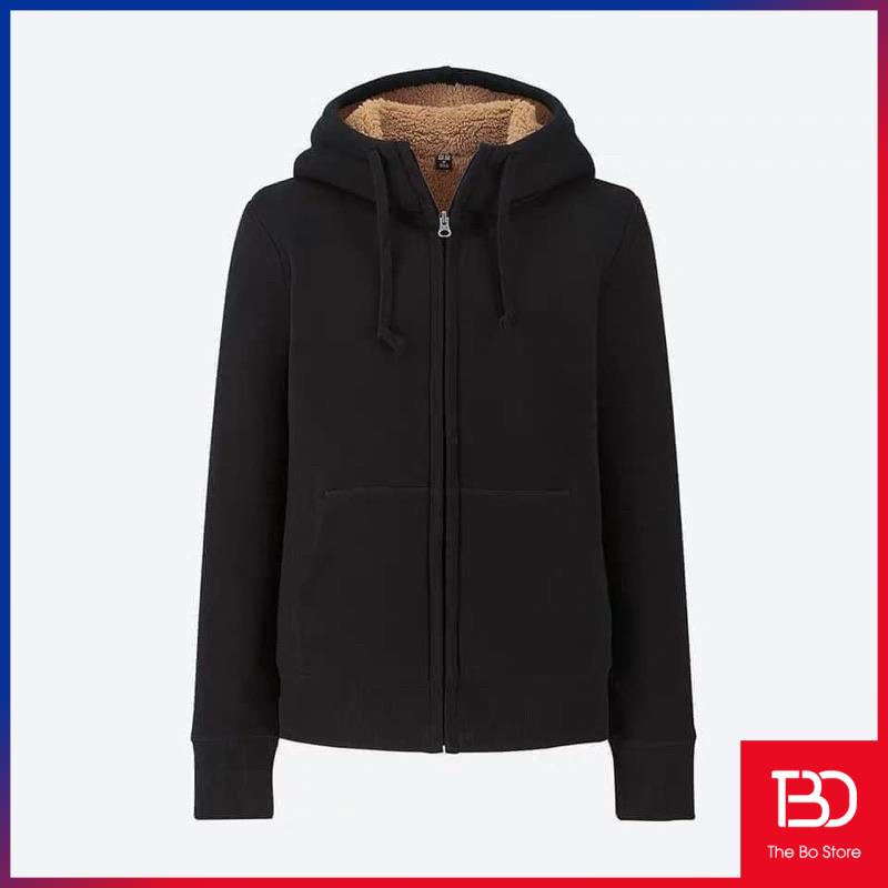 Áo nỉ đen lót lông cừu có mũ unisex cho nam và nữ