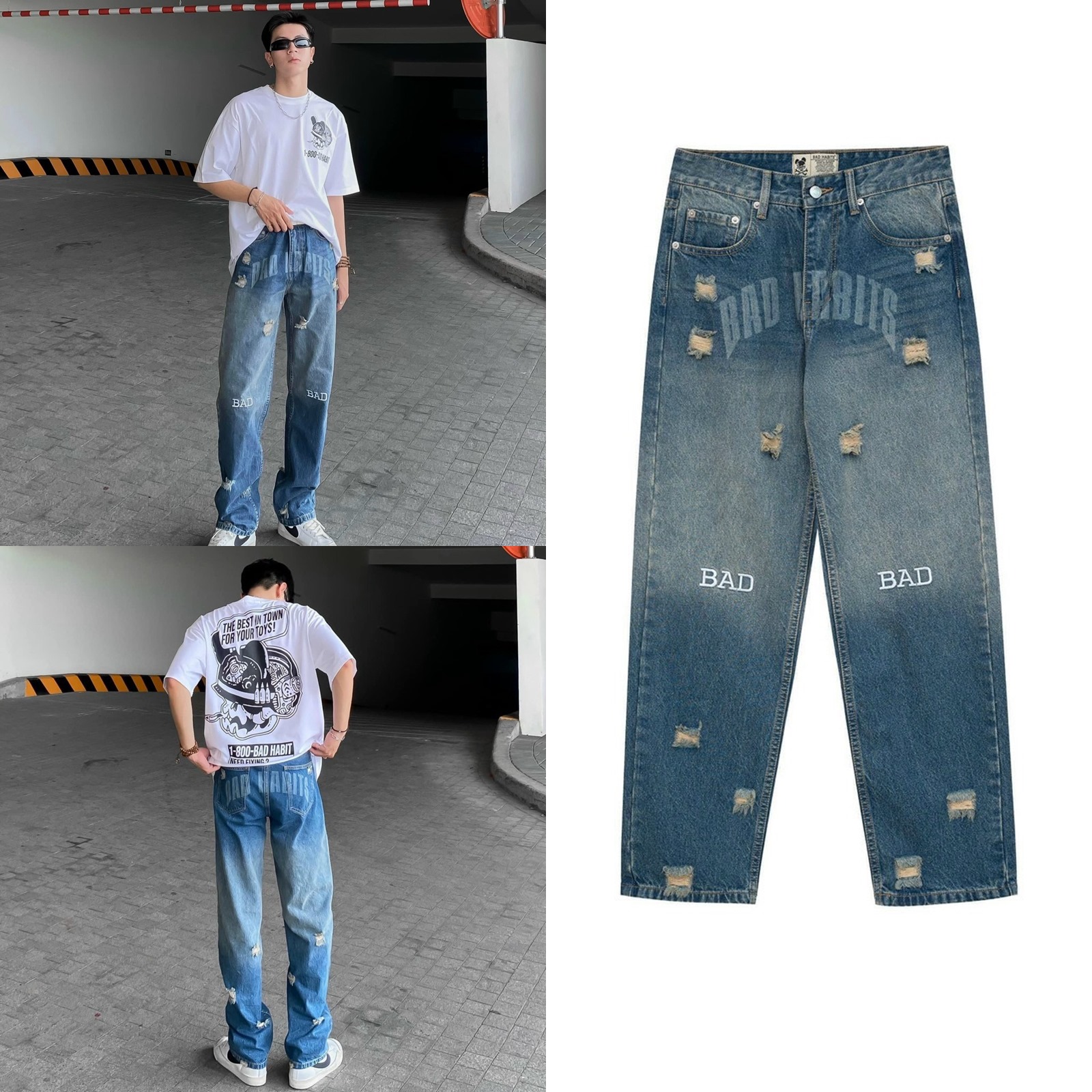  Quần Jean Xanh Ống Suông Bad Habit Unisex Chữ Thêu 