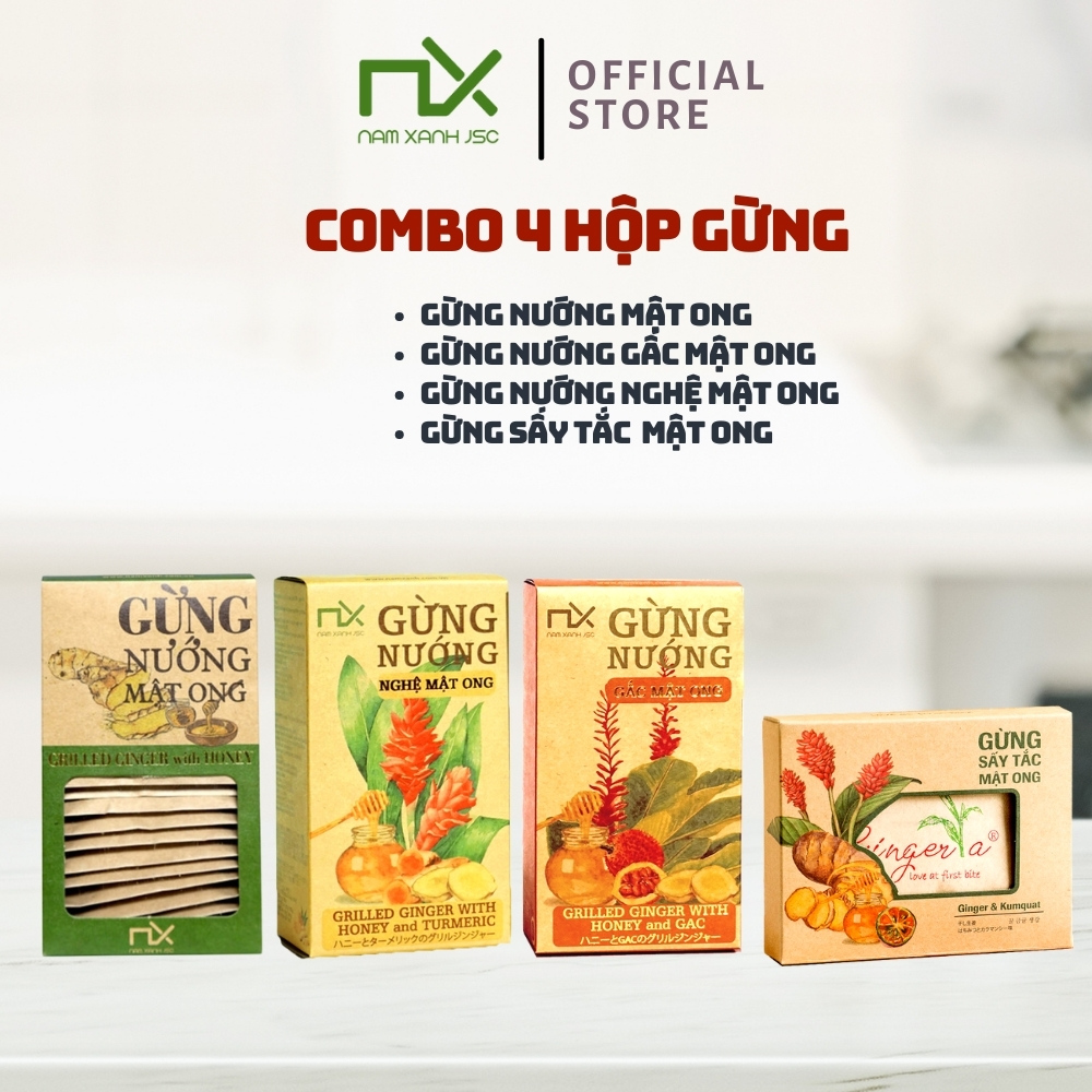 Combo 4 Hộp Gừng Mật Ong Nam Xanh ( Gừng Nướng Mật Ong, Gừng Nướng Gấc Mật Ong, Gừng Nướng Nghệ Mật Ong, Gừng Sấy Tắc Mật Ong 5 gói )