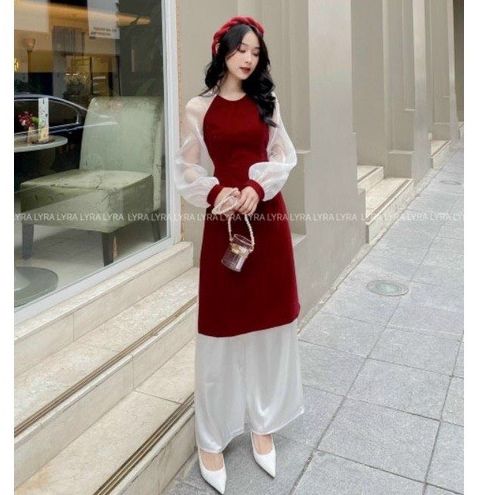 Áo dài cách tân phối tay voan chất nhung mịn áo dài tết thời trang mùa xuân