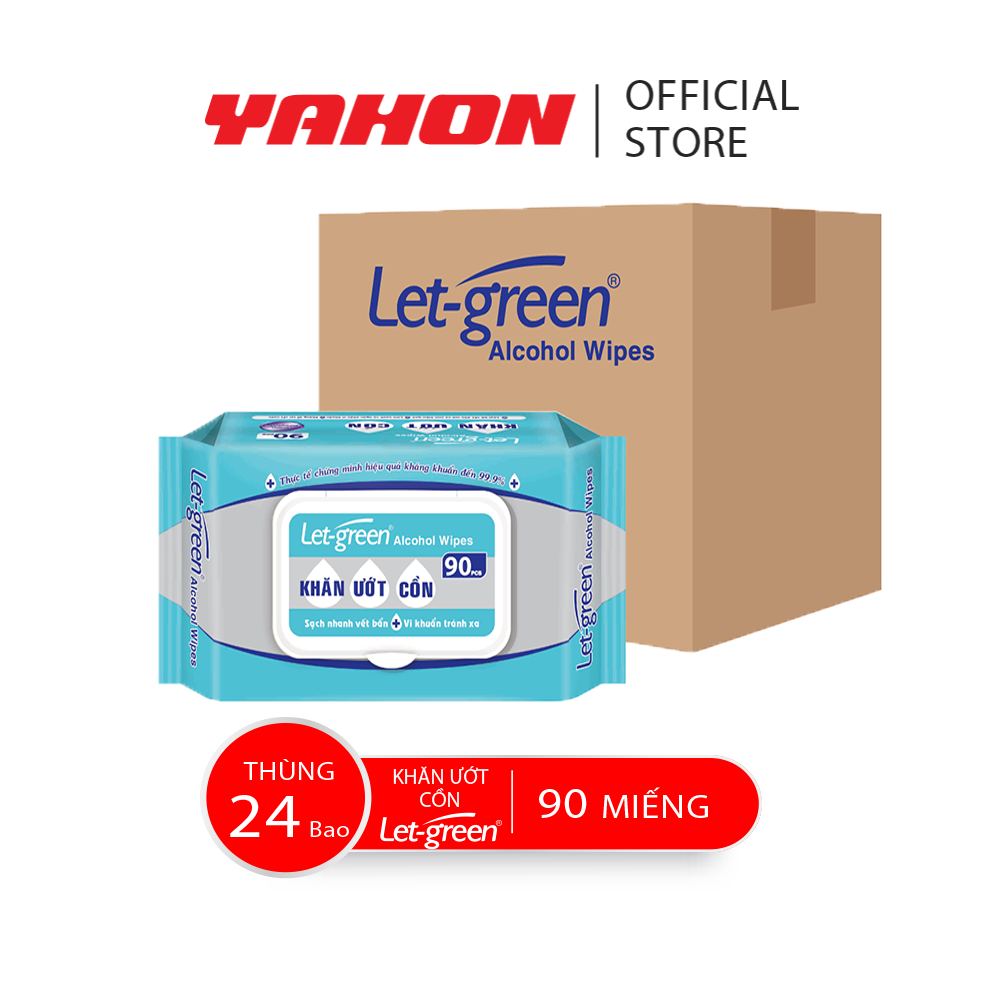 Thùng 24 bao khăn ướt cồn let-green diệt khuẩn, 90 miếng/bao